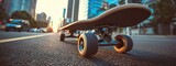 Skateboard Wheels Rolling on Urban Street with Youthful Spirit in a Vibrant City Landscape