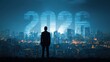 © Jayk - Businessman overlooking cityscape with 2026 digital overlay, future vision