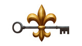 Golden fleur de lis key with ornate vintage design, metallic texture, and elegant symmetrical shape, symbolizing royalty, tradition, and security, isolated on transparency background
