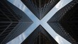 © hamad - Geometric perspective of modern skyscrapers creating an x shape against a bright blue sky with wispy clouds