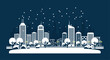 © Nure - Stunning modern cityscape silhouette under starry night sky with minimalist white trees and buildings, evoking urban tranquility and winter charm
