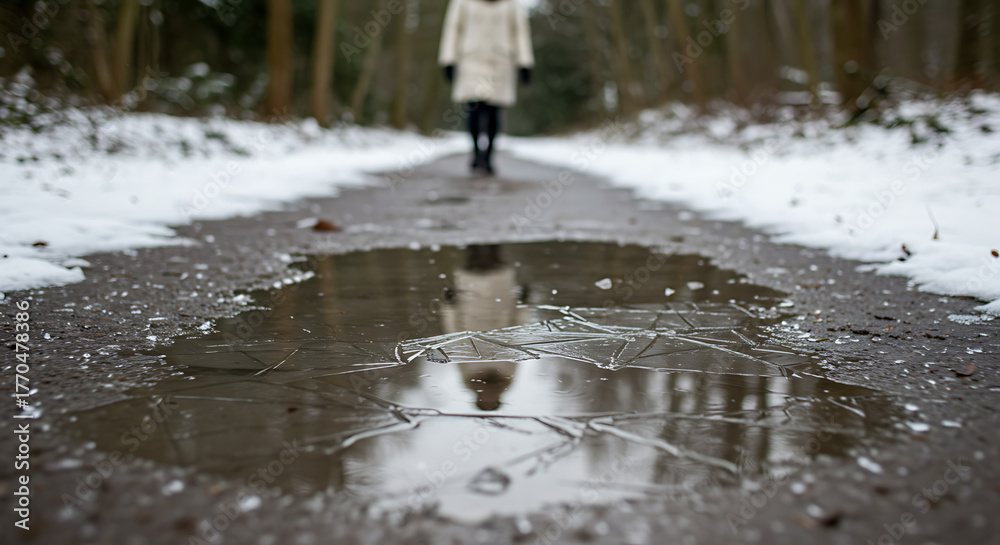 Something broke like ice in a puddle: Woman walking on winter path with ...