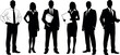 © Masud World - Business professionals silhouettes, formal attire, corporate team standing, black vector illustration, confident pose, teamwork concept, office staff graphic