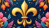 Fleur de lis gold logo on dark backdrop. Floral design with colorful swirls, petals. Luxury style illustration for prints textiles banners backgrounds wallpapers digital designs. Elegant majestic