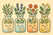 © Olha - Cheerful Herb Jars. Smiling apothecary jars filled with colorful doodle herbs, tiny labels with cheerful faces