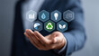 © menon - Engineer promoting sustainability symbols urban office infographic professional setting close-up environmental awareness