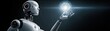 © JT Studio - A futuristic robot holds a glowing orb, symbolizing technology and innovation in a sleek, dark environment.