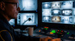 © Margarita Ratatosk - Man security guard or correction officer monitoring multiple CCTV surveillance camera feeds at a control room. Modern crime prevention technology.