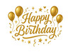 © Prime Wave - gold happy birthday text with balloons confetti stars and hearts festive celebration typography design illustration of party joy isolated on white background