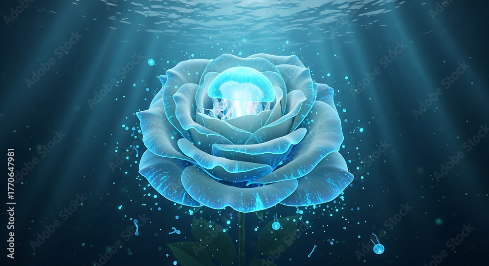 Underwater Blue Rose – Blooming Flower in Deep Ocean Light Stock