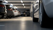 © A2Z AI  - Cars parked neatly in a well-lit underground parking garage, showcasing organized parking and the sleek designs of modern vehicles in a secure environment. Perspective from the floor.