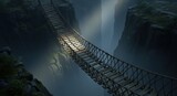 A long rope bridge spans a deep misty canyon illuminated by a single ray of light