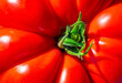 © Connect Images - Close-up view of a ripe, red tomato with green stem and smooth, shiny surface.