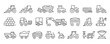 © Rafi GFX - Agriculture icons set for farming and harvesting machinery, including tractor, combine, harvester, and trailer in simple line art on white background
