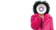 © Mike - Young adult, gender-neutral, dark curly hair, vibrant pink faux fur coat, face obscured by megaphone, isolated on bright teal background with copy space, concept of public announcement
