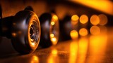 Close-up of skateboard wheels illuminated by warm light, showcasing texture and reflections in the background