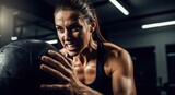 Intense woman exercising with a medicine ball in the gym. Close-up of a fit athlete during a strength training workout. Determination and power concept