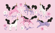© Anna - Cartoon beautiful unicorns, pink and violet pastel colors. Cute fairy tale horses with magic horn and flowers. Fantasy animal, magical princess stallion and glamour unicorn. Mythical horses set.