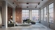© arsyi_06 - Modern industrial loft living room with exposed pipes, brick wall, city skyline view