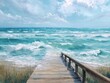 © johura - Bright oil painting featuring a wooden boardwalk leading to a serene blue ocean with gentle waves under a clear, sunny sky, capturing a peaceful coastal scene.
