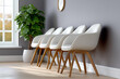 © Silga - Minimalistic Japandi style hospital waiting room featuring light wood flooring, sleek white chairs, and a lush green plant, creating a serene and inviting atmosphere with copy space