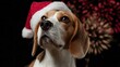 © fotogurme - Festive beagle dons a Santa hat, contemplating Yuletide mystique under exploding fireworks, capturing canine Christmas wonderment and Diwali echoes
