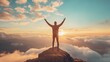 © Emilio - Joyful man celebrating success on mountain peak at sunrise. Arms raised above clouds. Freedom, achievement and confidence in nature. Motivational lifestyle and adventure travel concept