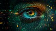 © satya - An ultra-detailed close-up of a human eye illuminated by vibrant digital reflections of glowing green binary code and neon light trails.