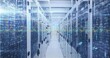 © vectorfusionart - Streaming binary data floating through data center corridor, with LED status lights on server racks