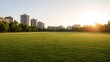 © Jojo* - Vast green field stretches toward a city skyline during a bright sunset