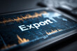 © kalafoto - The word 'Export' is displayed on a futuristic tablet screen with a blue bar chart, a ship icon, and map data.