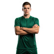 © velikiyzayats - Serious young adult Caucasian man in green athletic shirt with arms crossed, looking confidently at camera against a transparent background