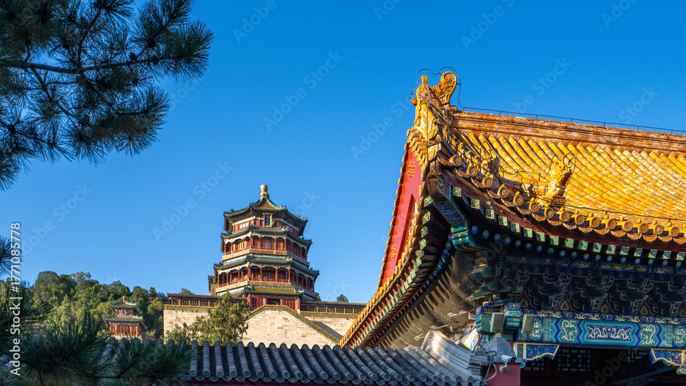 Traditional Chinese architectural buildings with colorful roofs Stock ...