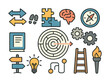 © adobestocker1 - Colorful symbols for problem solving and strategy: puzzles, maze, compass, brain, gears, ladder