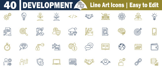  40 Development Line Art Icons. Easy to Edit Graphic Elements for Startup Business, Software Engineering, and Creative Process in Blue and Gold Color Scheme on Transparent Background.