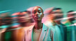 © Parisa - Calm African American modern businesswoman standing still while teal green and pink crowd moves around