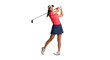 © Firman Dasmir - Professional female golfer swinging club in mid-motion on white backdrop