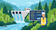 © sukur - Hydroelectric dam engineer monitoring water level data and energy production percentages