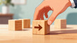 © Nim9ty  Pics - Hand arranging wooden block with an arrow symbol for hybrid work strategy business innovation and direction