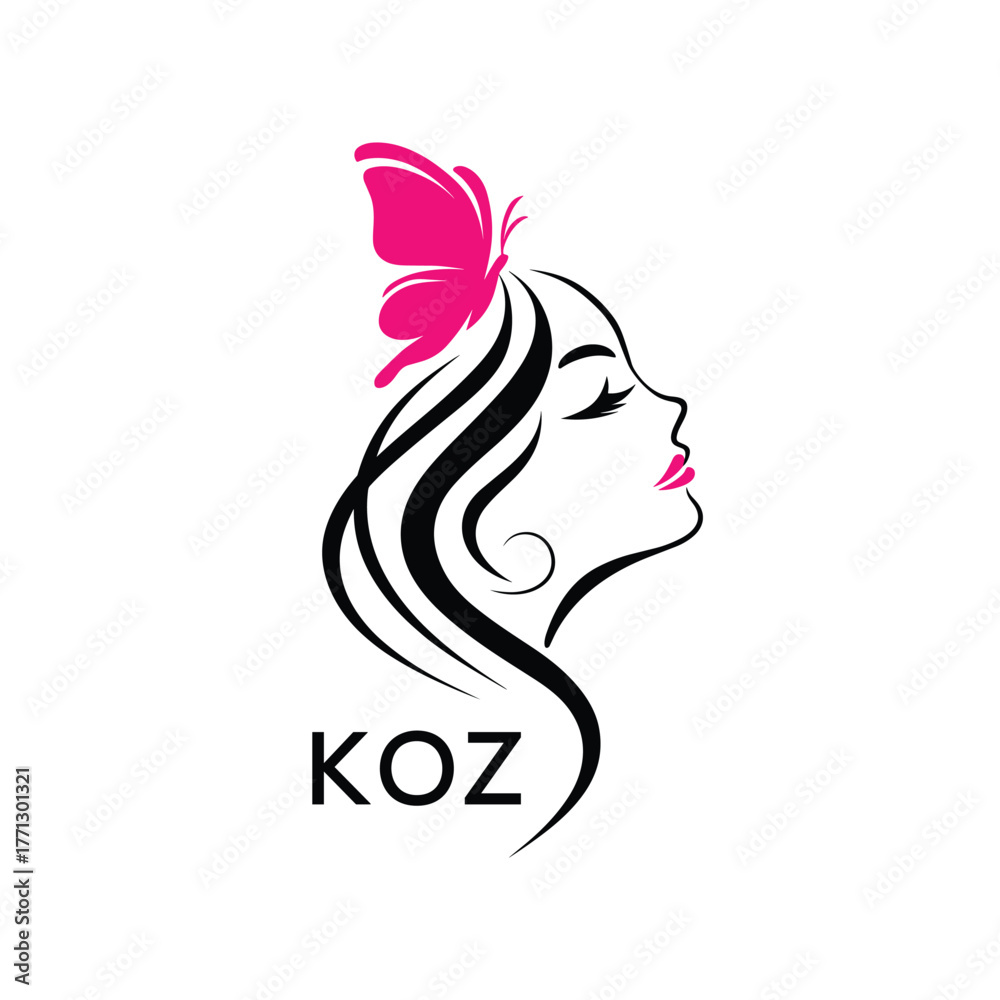 KOZ Elegant Beauty Woman Logo. KOZ with Butterfly Feminine Salon & Spa Branding. KOZ Luxury Beauty Icon Design.
