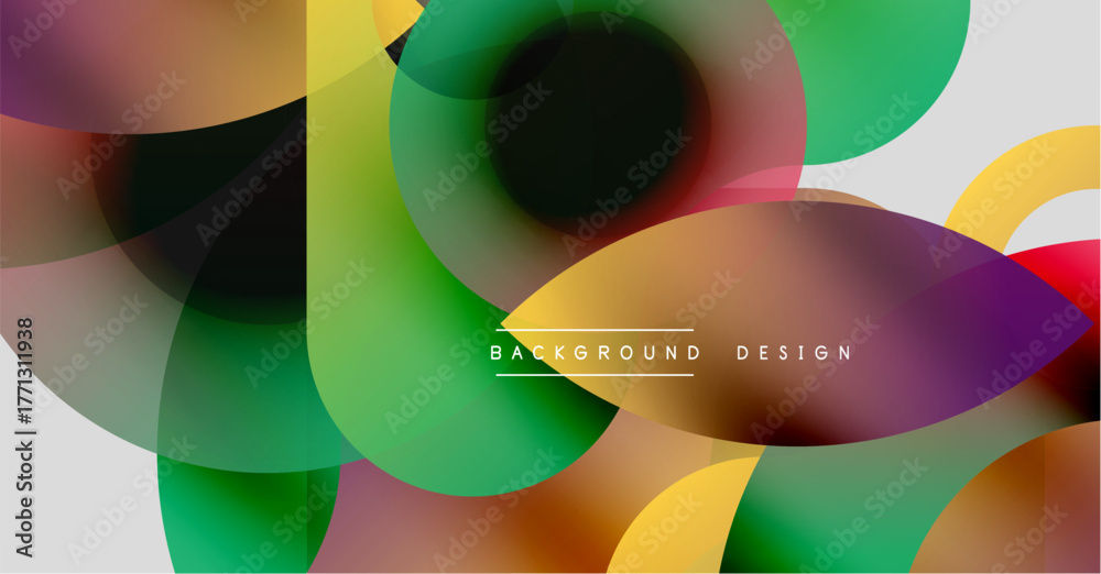 Abstract colorful shapes overlap, creating dynamic visual effect. Modern design elements blend seamlessly, vibrant composition.
