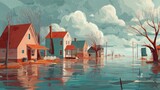 Flooded countryside town with storm rain, overflowing river, and houses submerged in rising water. Climate change disaster illustration.