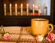 © SEPT-DESIGN - Cozy Photorealistic Scene: Mug of Hot Cider on a Blanket with Fireplace Bokeh Background
