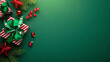 © elenabdesign - Merry Christmas and Happy Holidays greeting card, frame, banner. New Year. Red Christmas ornaments and gifts, presents on green background top view. Xmas holiday festive theme. Christmas decoration