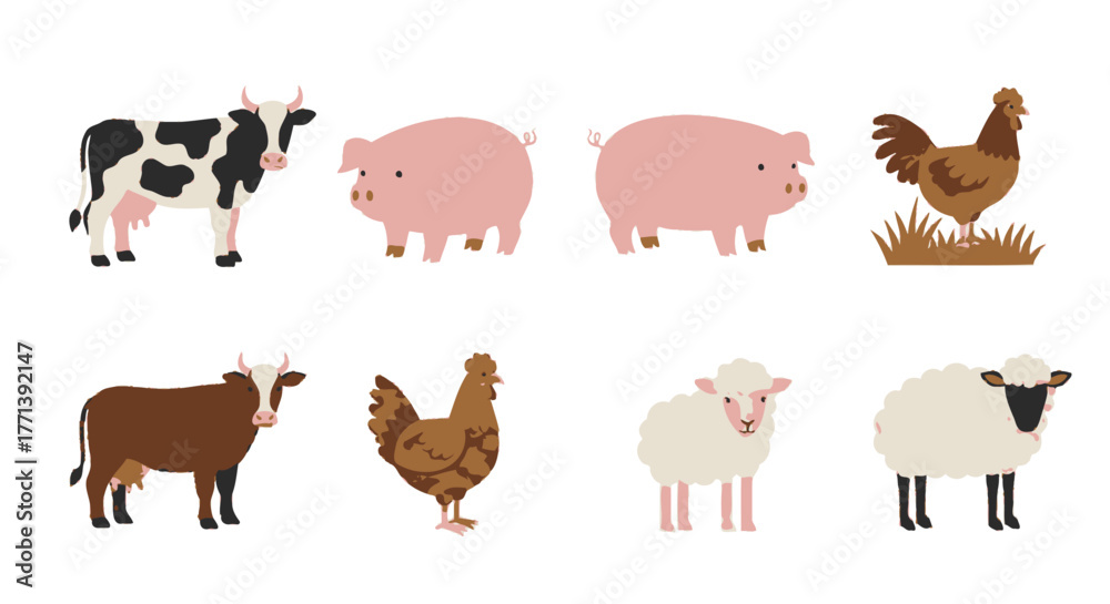 Cartoon Farm Animals Set Cow Pig Sheep Chicken Isolated Illustration ...