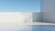 © nuchao - 3d rendering of abstract minimal Geometry background, Empty space with palm leaf shadow on white wall and water, Product presentation backdrop