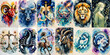© Yuliya - Vibrant watercolor collage of the twelve zodiac signs, painted in dreamy celestial hues with stars, constellations, and mystical symbols. For astrology posters, horoscopes, calendars, tarot.