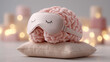© Olha Havelia - brain wearing silk sleep mask reclining on tiny pastel pillow in soft glowing scene, gentle blankets, concept rest and sleep for emotional health