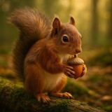 Red squirrel holding an acorn on a mossy log in a sunlit forest