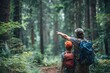 © Oleksandr - Walking With Child In Forest Pointing. Father And Son Hiking Adventure In Nature With Backpack, Copy Space